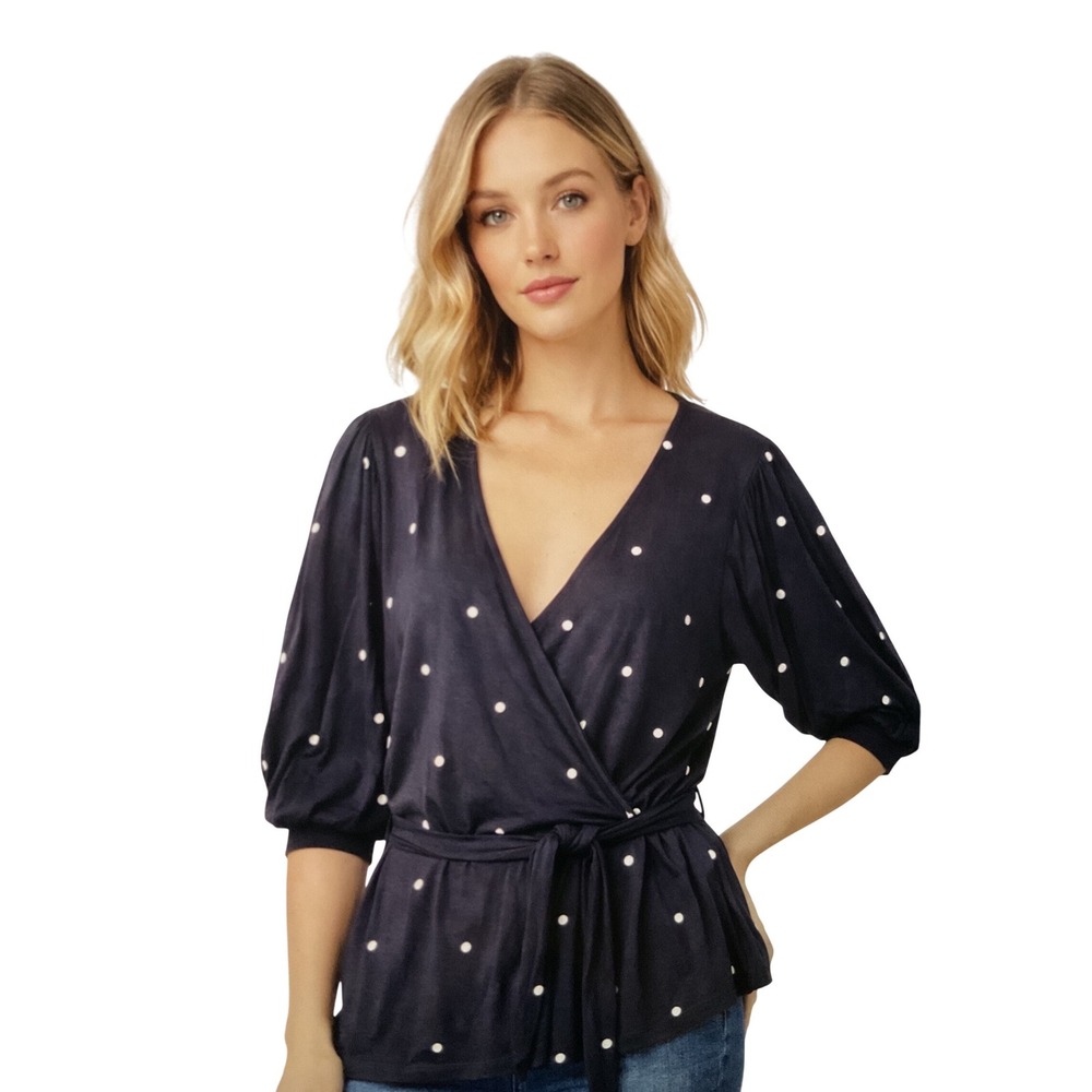Halogen Wrap‎ Top Womens 1X Black NEW Polka Dot V-Neck HA406652WN - Picture 2 of 7